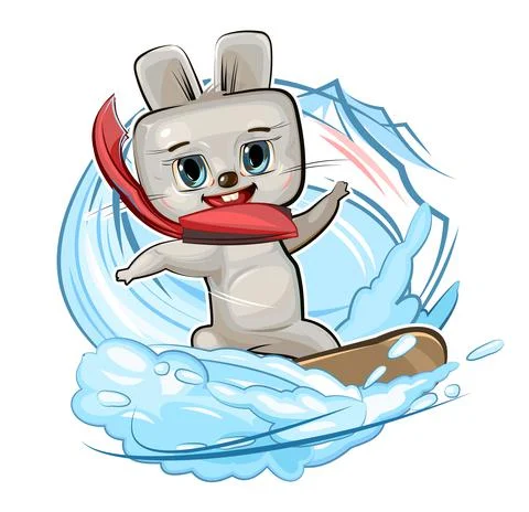 Little Hare on a snowboard. Winter and snow. Cartoon childrens style postcard. A Stock Illustration