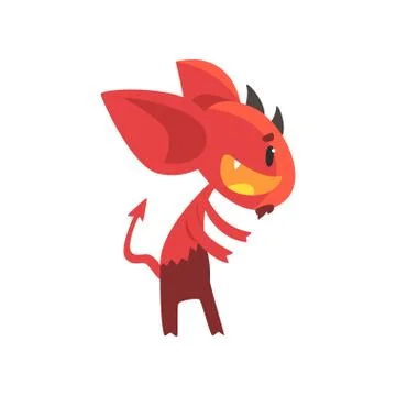 Little horned devil posing with happy face. Cartoon fictional demon character Illustrazione stock