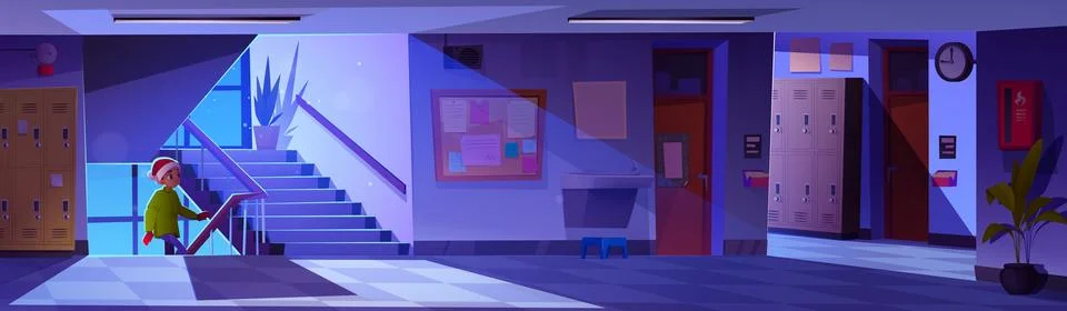 Little kid boy in dark empty school corridor Stock Illustration