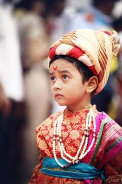 Little kid costumed as King Shivaji Stock Photos