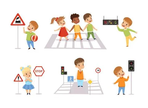 Little Kid Pedestrian Learning Road Sign and Traffic Rule Vector Set Stock Illustration