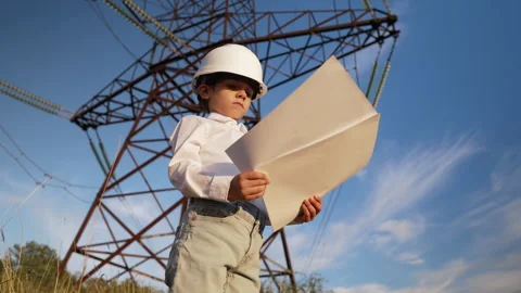 Little kid pretending engineer or manager with safety helmet, reading papers Stock Footage 287647914