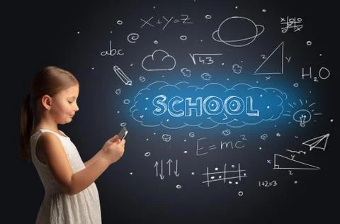 Little kid using on tablet with educational concept Stock Photos