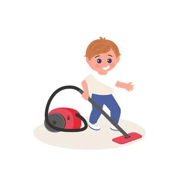 Little kid using vacuum cleaner at home. Small boy doing housework. Stock Illustration