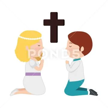 Little kids kneeling with cross first communion: Graphic #108437293