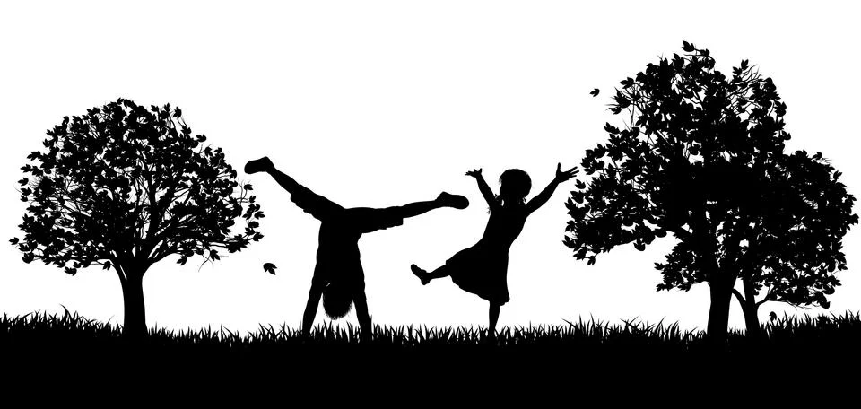 Little Kids Playing in Park Outdoors Silhouette Stock Illustration