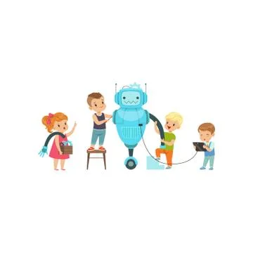 Little kids programming and creating smart robot, educational project concept Stock Illustration