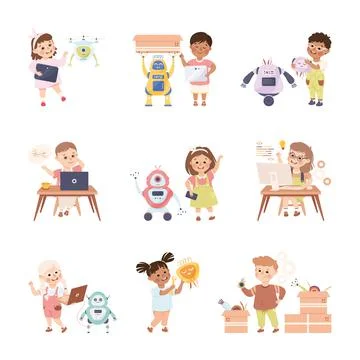 Little Kids Using Smart Technology and Artificial Intelligence Engineering and Stockillustratie