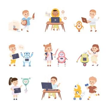 Little Kids Using Smart Technology and Artificial Intelligence Engineering and Illustrazione stock