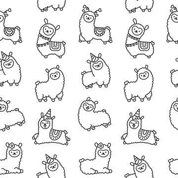 Little llama. Seamless pattern. Coloring Page. Stock Illustration