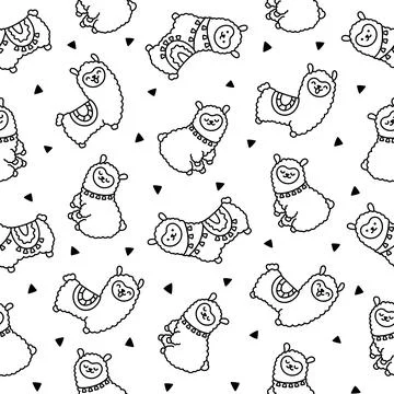 Little llama. Seamless pattern. Coloring Page. Stock Illustration