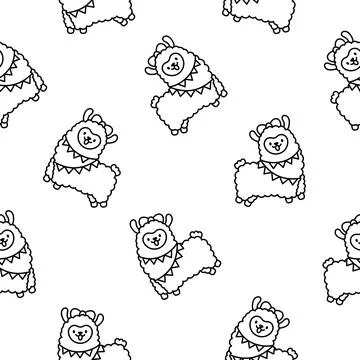 Little llama. Seamless pattern. Coloring Page. Stock Illustration