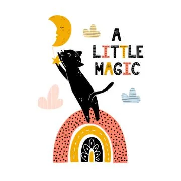 A little magic print with a cute black cat standing on rainbow and catching the 库存插图