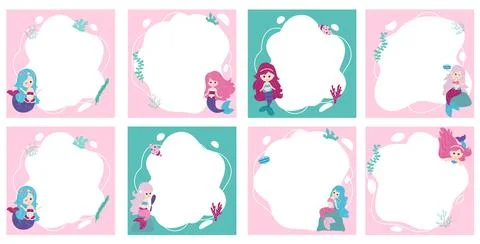 Little mermaids. Vector frames in the form of spot in cartoon style. Illustrazione stock