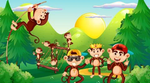Little monkeys playing in forest scene Stock Illustration
