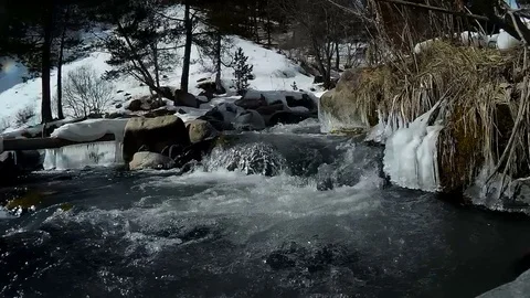 A little mountain river waterfall in the winter weather. Stock Footage 72965783
