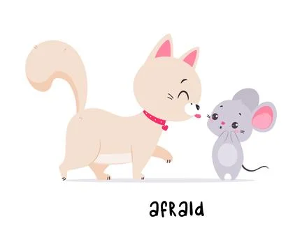 Little Mouse Afraid of Cat Demonstrating English Verbs for Educational Activity Stock Illustration