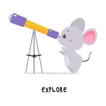 Little Mouse Explore Star in Telescope Demonstrating English Verbs for Stock Illustration
