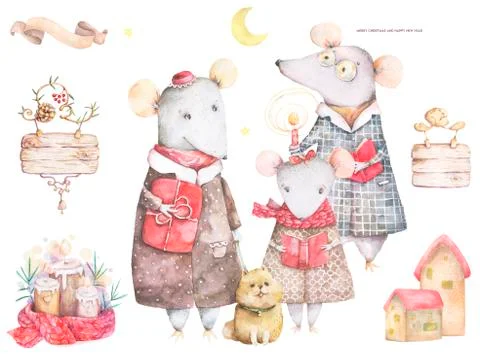 Little Mouse in a red striped pullover and scarf with fir tree. Merry Christmas Stock Illustration