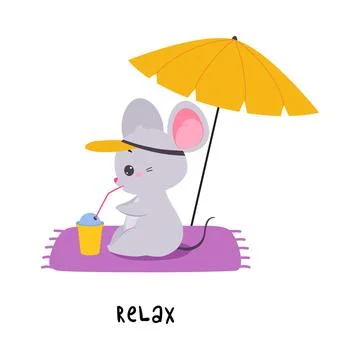 Little Mouse Relax on Beach Sunbathing Demonstrating English Verbs for Stock Illustration