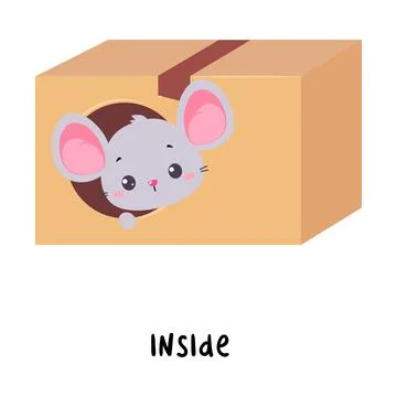 Little Mouse Sitting Inside Cardboard Box as English Language Preposition for Stock Illustration