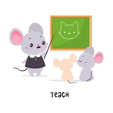 Little Mouse Teaching with Pointer Demonstrating English Verbs for Educational Illustrazione stock