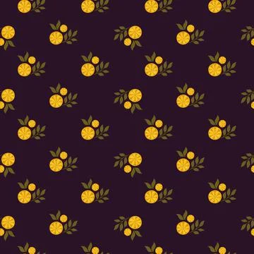 Little orange lemon slices elements seamless doodle pattern. Dark brown backg Stock Illustration