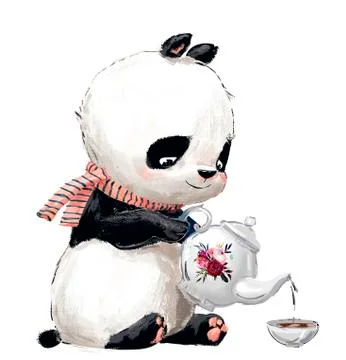 Little Panda with tea Stock Illustration
