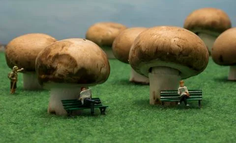 Little people puppets sit on mushrooms in forest Stock Photos
