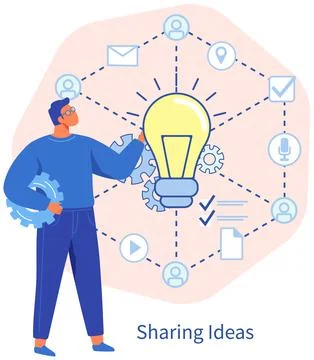 Little people thinking about new idea light bulb. Virtual network cooperation Illustrazione stock
