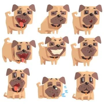 Little Pet Pug Dog Puppy With Collar Set Of Emoji Facial Expressions And Stock Illustration