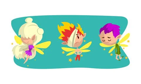 Little Pixie or Fairy with Wings and Fancy Hairstyle Vector Set 스톡 일러스트