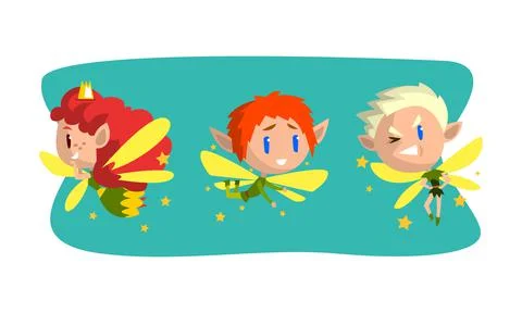 Little Pixie or Fairy with Wings and Fancy Hairstyle Vector Set 스톡 일러스트
