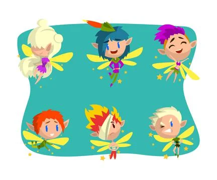 Little Pixie or Fairy with Wings and Fancy Hairstyle Vector Set 스톡 일러스트