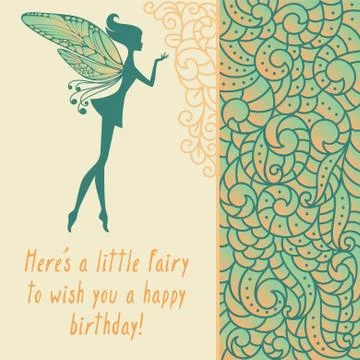 Little pixie with wings on card with boho pattern 스톡 일러스트