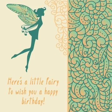 Little pixie with wings on card with boho pattern 스톡 일러스트
