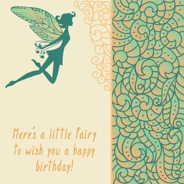 Little pixie with wings on card with boho pattern 스톡 일러스트