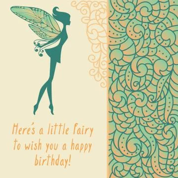 Little pixie with wings on card with boho pattern 스톡 일러스트