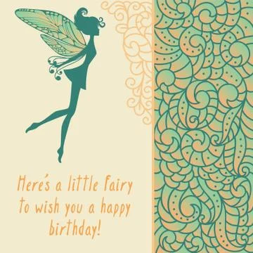 Little pixie with wings on card with boho pattern 스톡 일러스트
