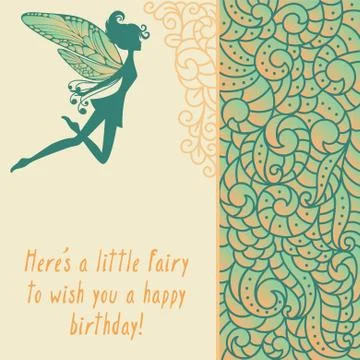 Little pixie with wings on card with boho pattern Stock Illustration
