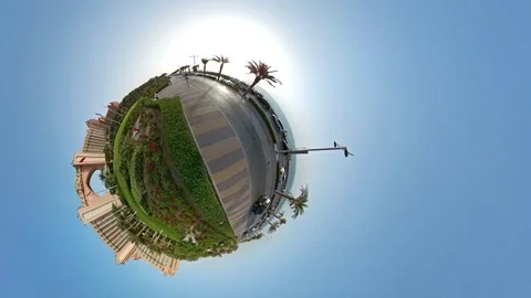 Little planet, view of the Atlantis hotel In Dubai Stock Footage 73589891