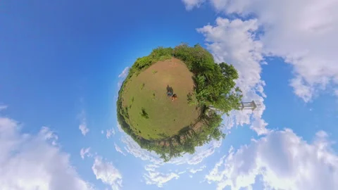 Little Planet View of Two Tourists Walking Across Open Grassy Hill Near Observat Stock Footage 337094777
