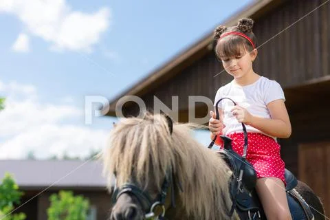 Little positive girl trying riding a horse Stock Photos