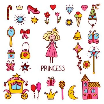 Little princess design elements. Cute hand drawn princess collection. Sweet.. Stock Illustration