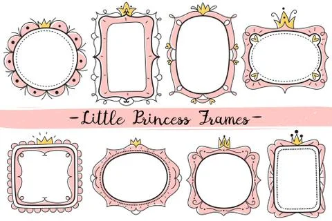 Little princess frames. Pink cute mirrors frame, baby girl birthday party イラスト素材