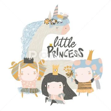 Little princess girls with magic unicorn on white background Stock Illustration