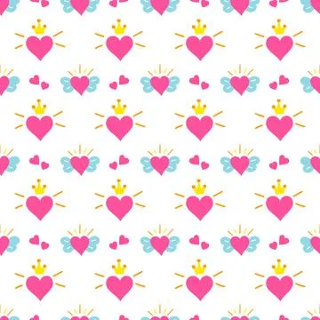 Little princess pattern vector. Print hearts with wings and crown. Stock Illustration
