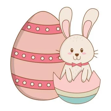 Little rabbit with egg broken painted easter character Stock Illustration
