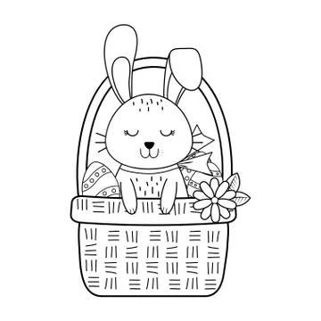 Little rabbit with egg painted easter in basket Illustrazione stock