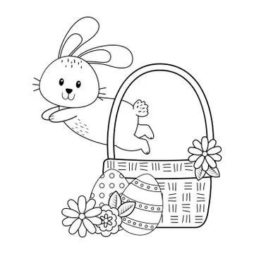 Little rabbit with egg painted easter in basket Stock Illustration